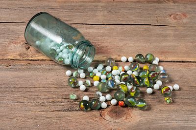 Lot of Assorted Glass Marbles in Mason Jar. C-18778 Assorted group of vintage glass marbles 