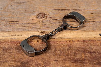 Antique Forged Steel Handcuffs. 21403 Forged steel handcuffs of traditional chain-linked 