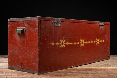 Late 19th C. Primitive Red Painted Blanket Chest. C-21652 Primitive painted wooden blanket chest 