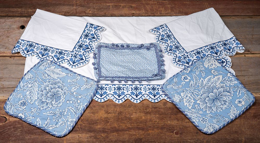 Lot 42: Six Piece Blue White Cottage Bedding Ensemble