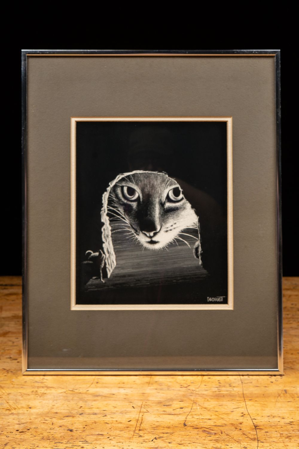 Lot 61: Framed Cat and Mouse Scratchboard Print, c. 1970s
