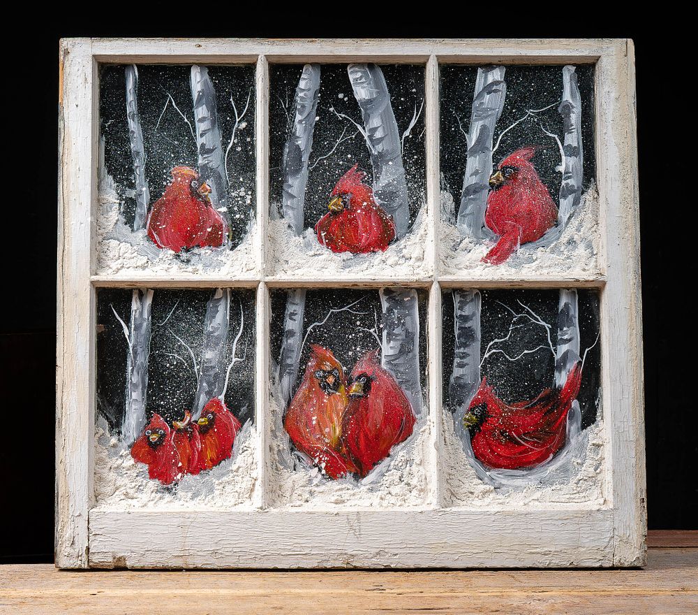 Lot 100: Vintage Hand-Painted Cardinal Winter Window Panel
