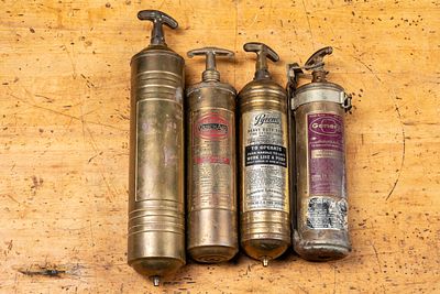 Lot of 4 Brass Pump Fire Extinguishers, c. 1930s. C-22001 Collection of four vintage brass 