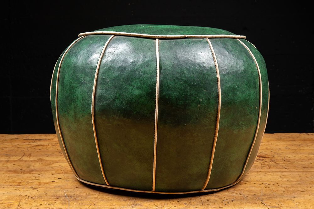 Lot 119: Vintage Green Leather Pouf Ottoman