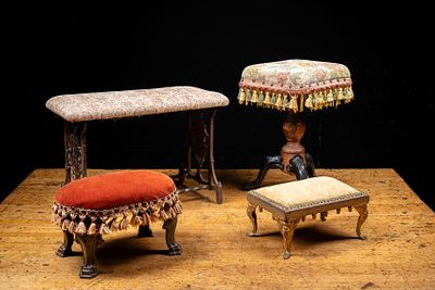 Upholstered Footstools and Bench Seat Lot. C-22014 Group of four upholstered pieces comprising 