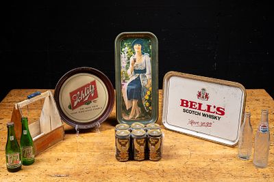 Lot of Beverage Advertising, Trays, Cans, Bottles. C-22015 Group of advertising collectibles 