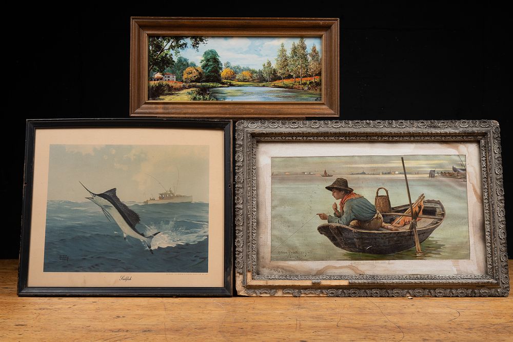 Lot 135: Three Framed Images, Two Fishing and River Scene