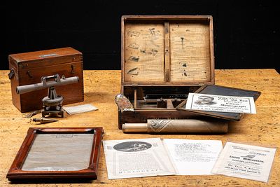 Cased Edison Mimeograph and Surveyor's Level Lot. C-22022 Edison Mimeograph duplicating outfit 