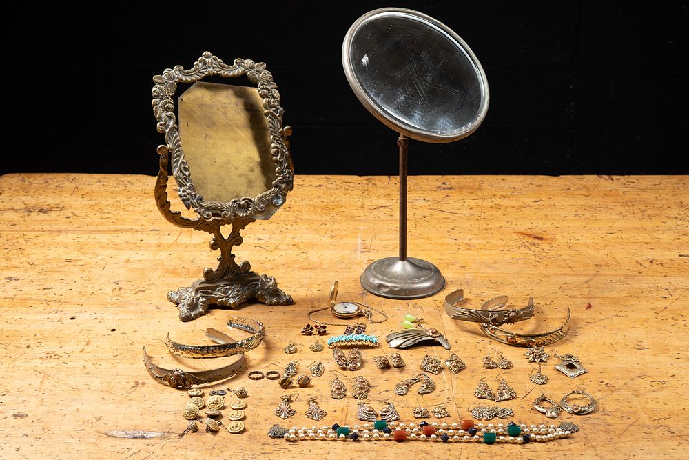 Lot 141: Costume Jewelry Vanity Mirrors and Pocket Watch
