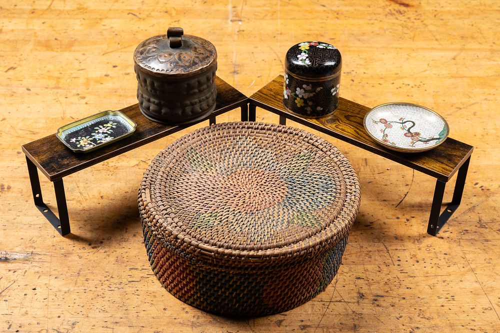 Lot 149: Asian Cloisonné Pieces and Woven Basket