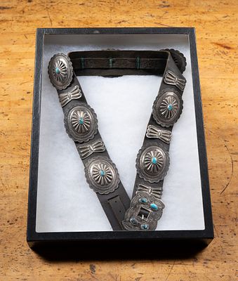 Navajo Silver Turquoise Concha Belt. C-22074 Navajo concha belt featuring silver conchas and 
