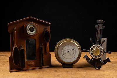 Three-Piece Barometer and Weather Station Lot. C-22075 Three-piece lot comprising a wooden 