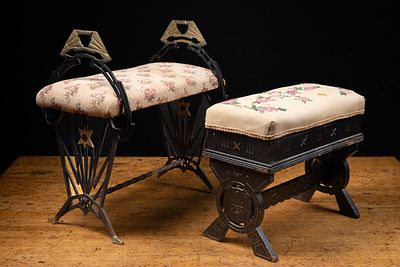 Two Floral Upholstered Benches. C-22103 Two early 20th-century benches with decorative frames 