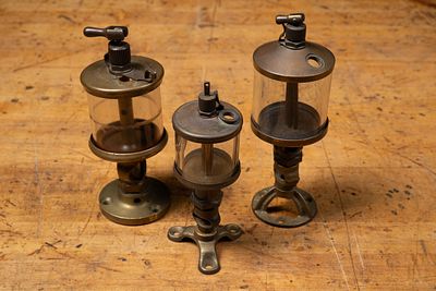 Lot of 3 Antique Brass Drip Feed Oilers. C-22105 Three early machinery lubricators with brass 
