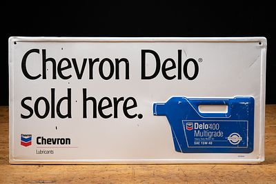 Chevron Delo 400 Motor Oil Tin Sign. C-22112 Embossed tin advertising sign for Chevron Delo 400 