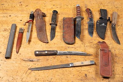 Lot of 7 Fixed Blade Knives, Sheaths w. Sharpener. C-22168 Assortment of fixed-blade knives and 