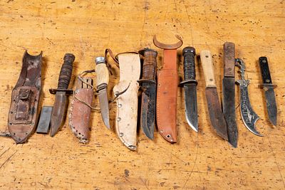 Lot of 8 Fixed Blade Knives, Sheaths, w. Sharpener. C-22169 Assortment of eight fixed-blade 