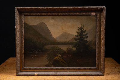 Antique Framed Mountain Landscape Oil Painting. C-22159 Oil painting on canvas depicting a 