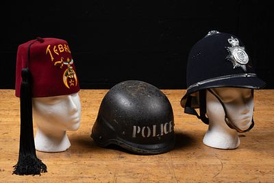 Lot of 3 Police and Shriners Ceremonial Hats. C-22183 Group of three headwear pieces including a 