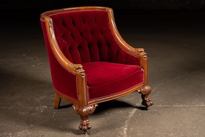 Victorian Tufted Red Velvet Armchair. C-22186 Victorian wood armchair with deep red tufted 