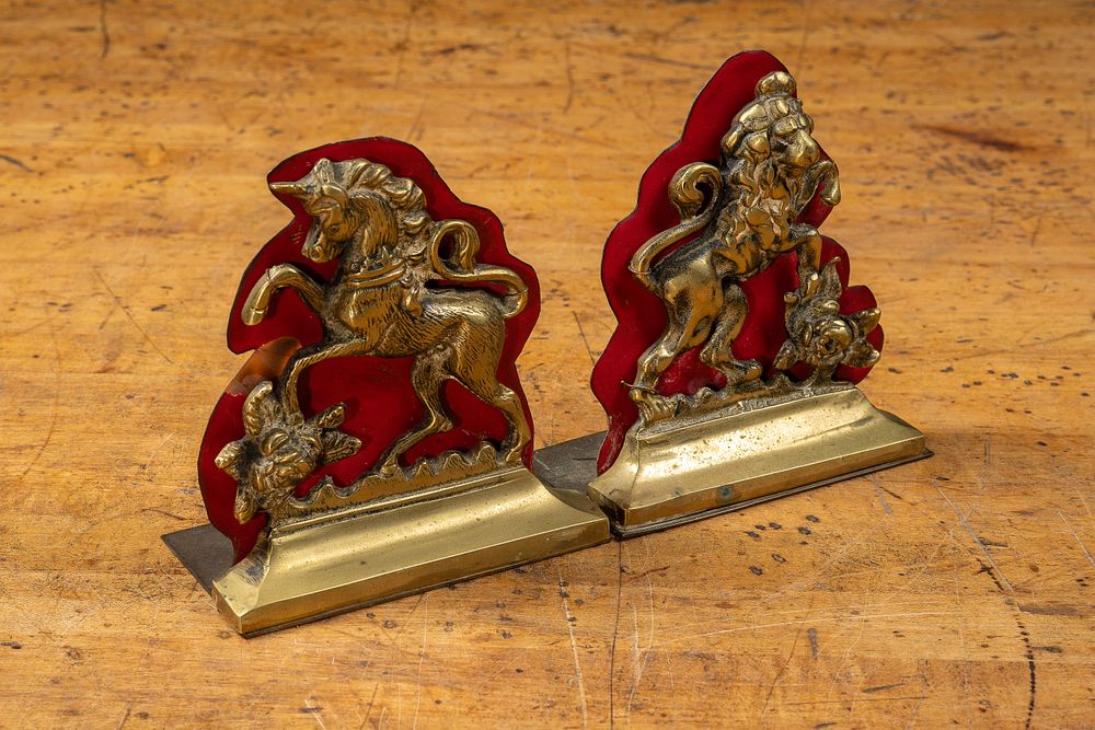 Lot 367: Brass Lion and Unicorn Figural Bookends
