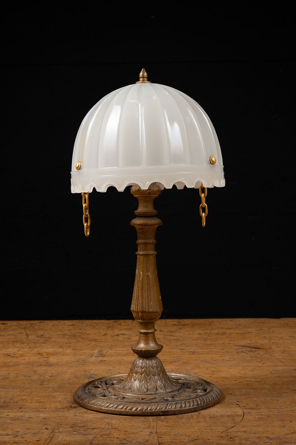 Lot 371: Cast Iron Table Lamp w/ Milk Glass Dome Shade