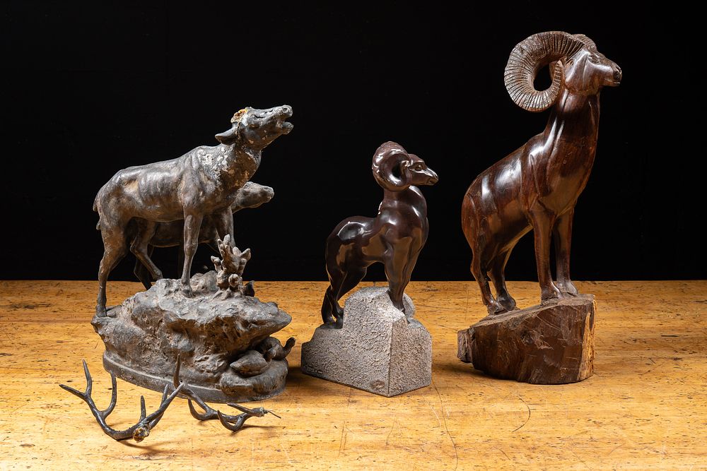 Lot 373: Lot of 3 Wildlife Sculptures, 2 Rams and Deer