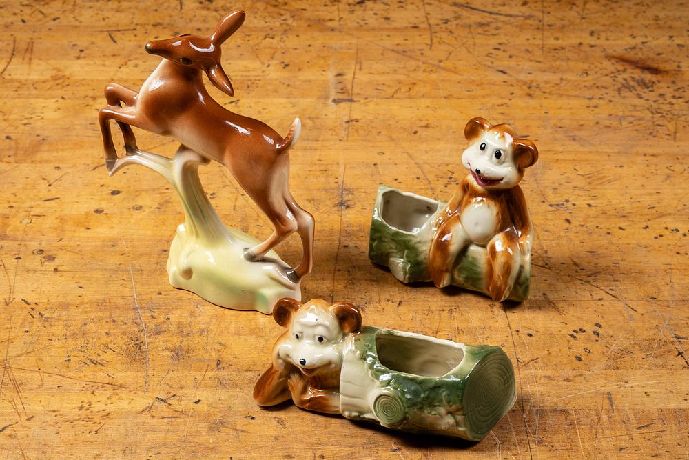 Lot 376: MidCentury Ceramic Deer Figurine & Bear Planters