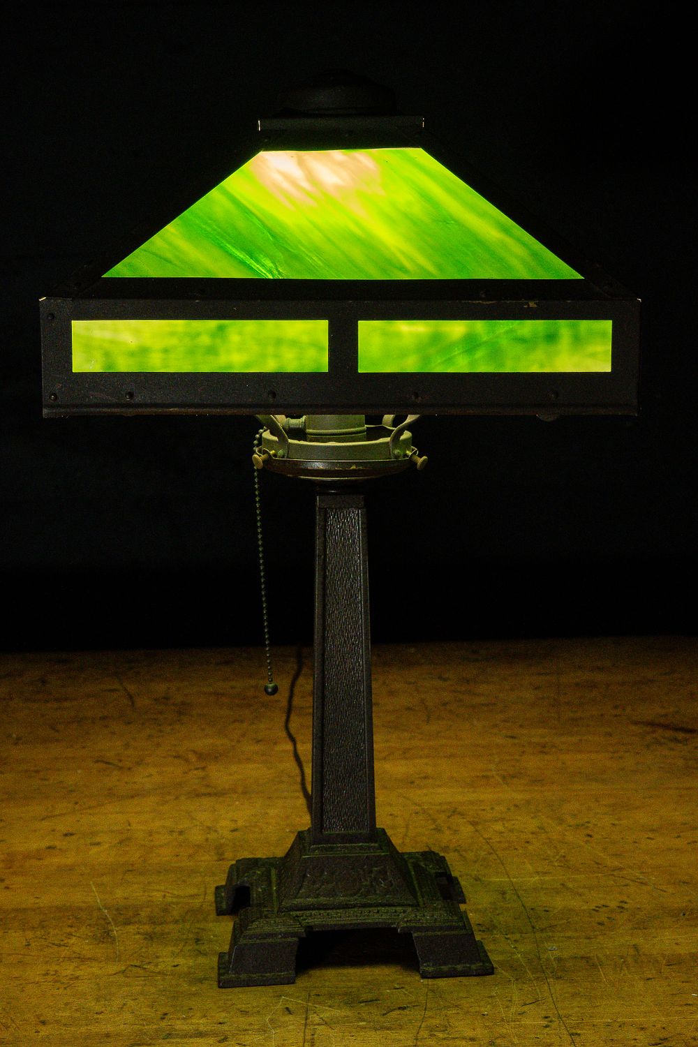 Lot 385: Green Slag Glass Paneled Table Lamp, c. 1910s