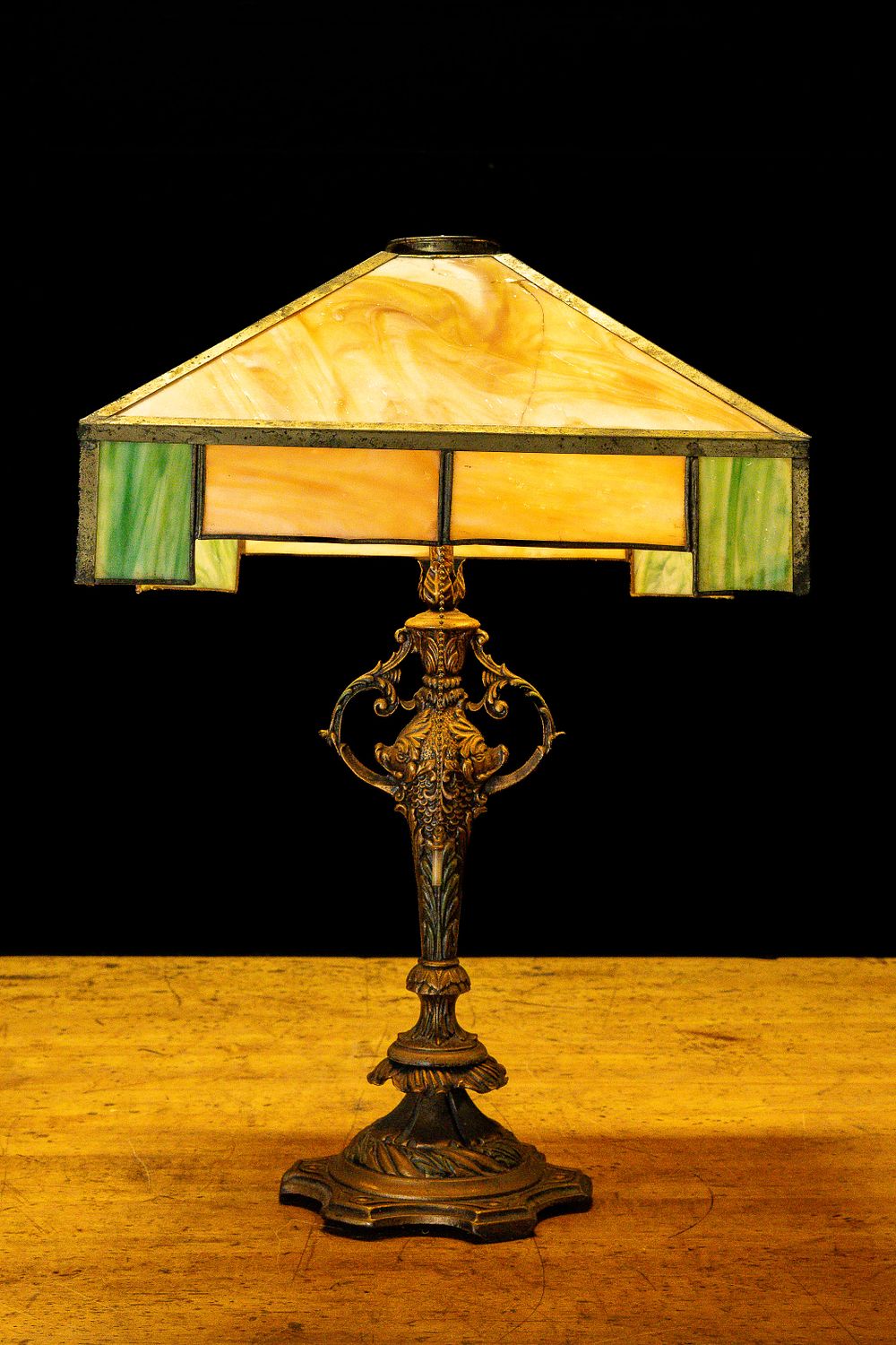 Lot 6: Two Light Slag Glass Paneled Table Lamp