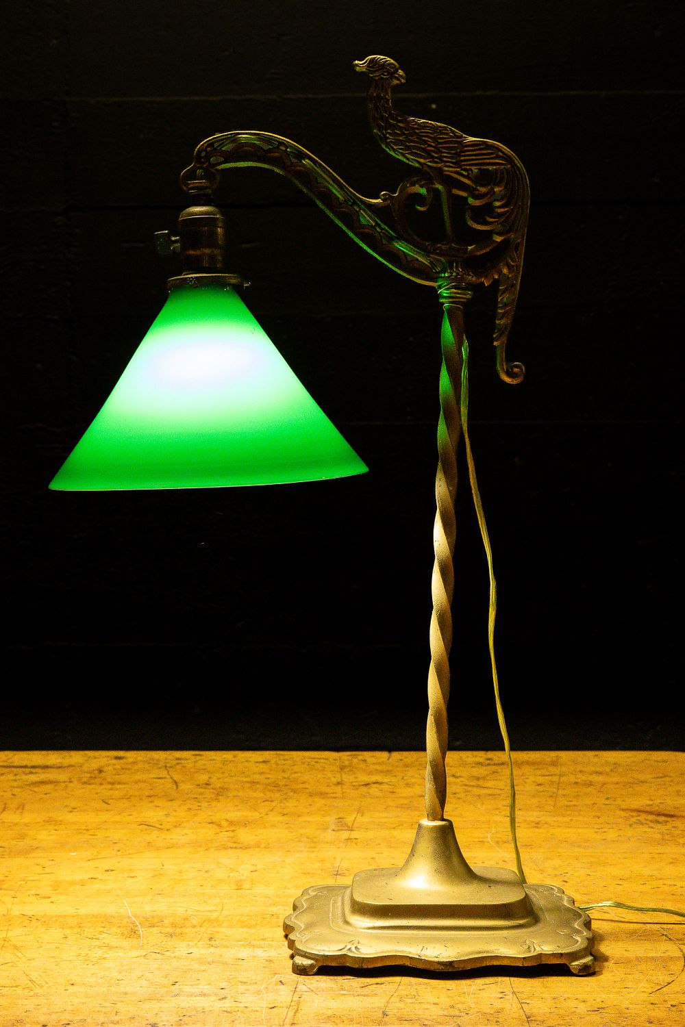 Lot 7: Peacock Bridge Arm Lamp With Green Glass Shade