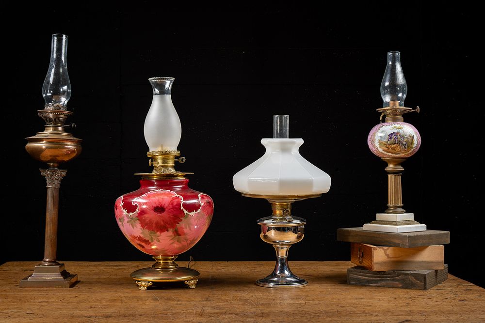 Lot 12: Four Decorative Oil and Converted Lamps