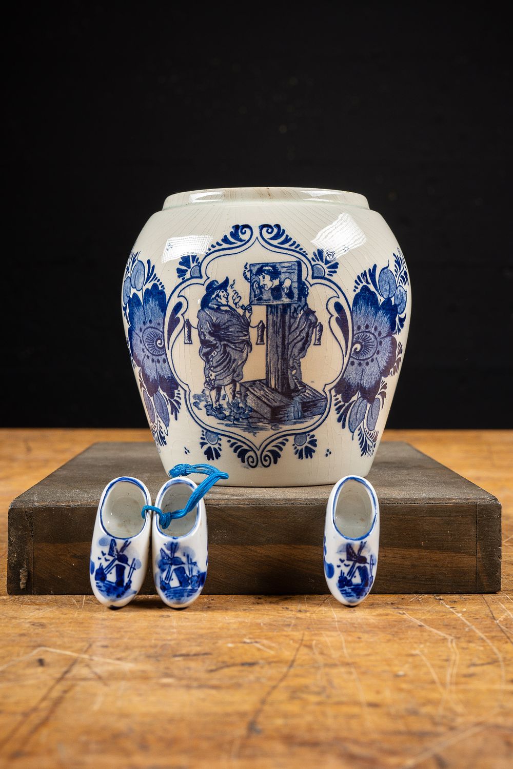 Lot 14: Delft Blue Tobacco Jar and Miniature Clogs