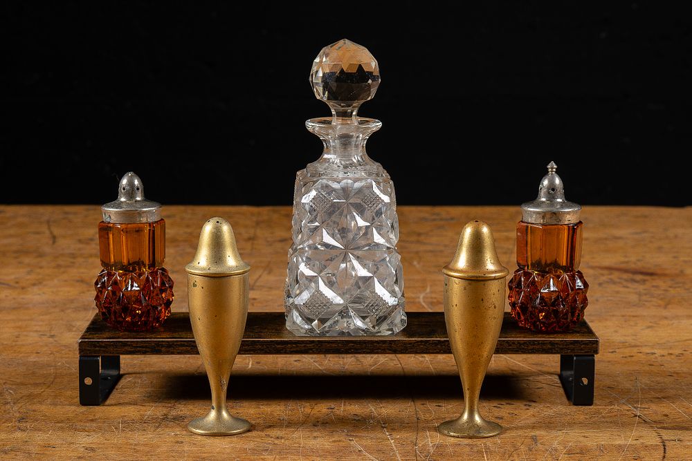 Lot 17: Crystal Decanter and Four Salt Pepper Shakers
