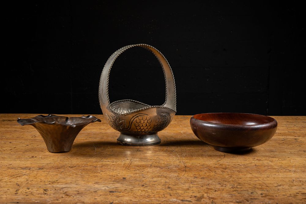 Lot 19: Three Decorative Metal and Wood Bowls