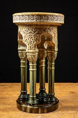 Moorish Revival Glazed Ceramic Plant Stand. C-22289 Tall glazed ceramic pedestal or plant stand 