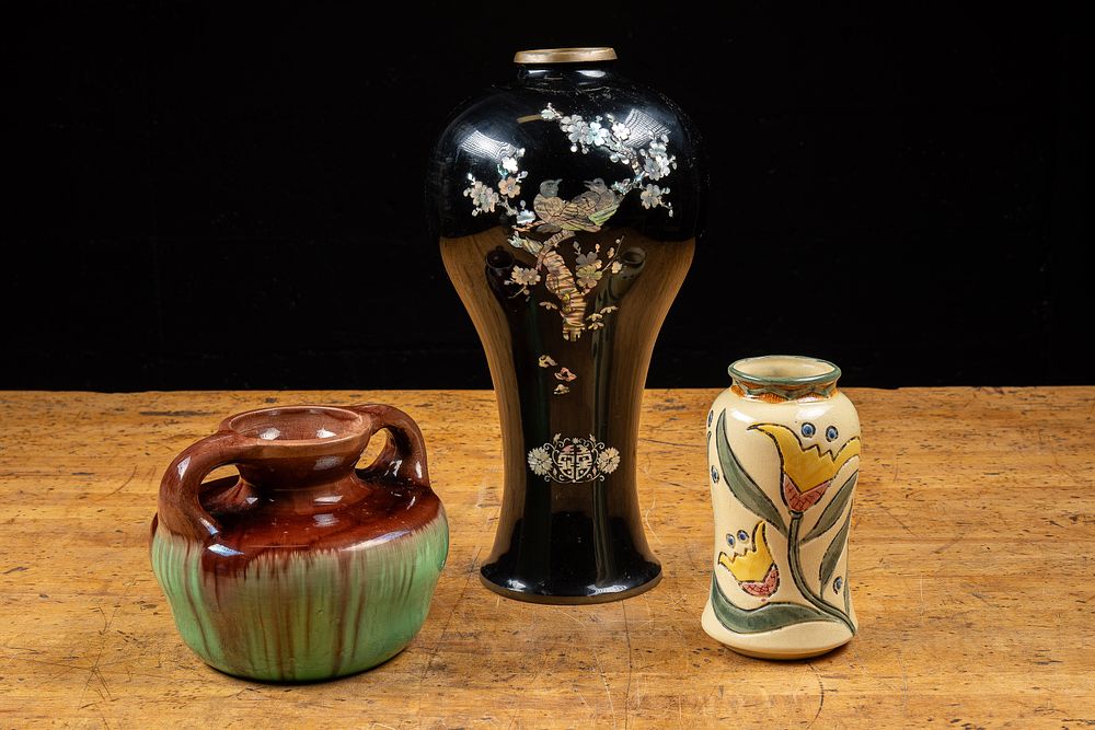 Lot 38: Inlaid Metal Vase and Two Ceramic Vases