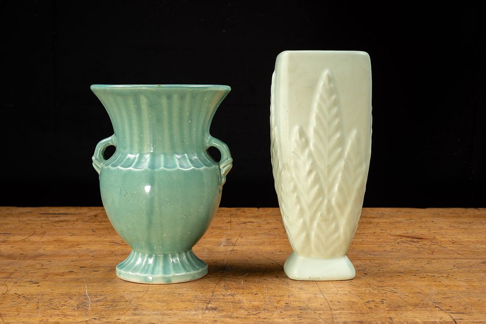 Lot 40: Two Green Art Pottery Floral and Handled Vases