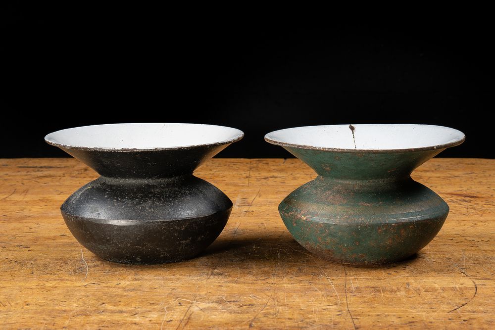 Lot 43: Two Porcelain Enamel Cast Iron Spittoons
