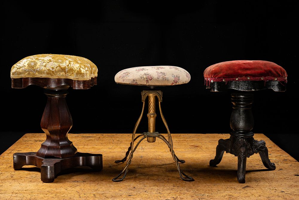 Lot 49: 3 Turn-of-Century Adjustable Upholstered Stools