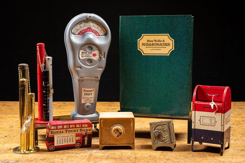 Lot 58: Novelty Banks Lot, Incl. Meter, Bus and Book Forms
