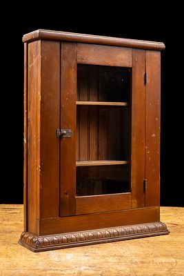 Early 20th Century Glass Door Wall Cabinet. C-22323 Wood wall cabinet with glass-paneled door 