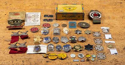 Collection of Police Badges Pins and Memorabilia. C-22325 Collection of police, fraternal 