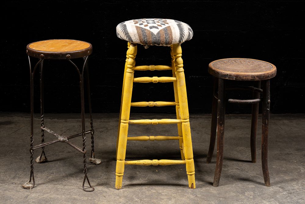 Lot 70: Lot of 3 Early- Mid-20th C. Wood and Metal Stools
