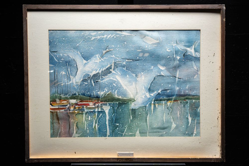 Lot 74: Framed Seagulls Over Harbor Watercolor by F. Gates
