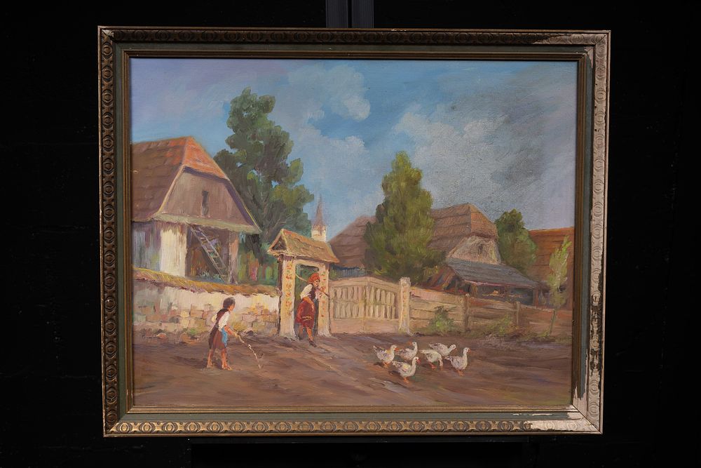 Lot 83: Framed Hungarian Transylvania Village Oil Painting