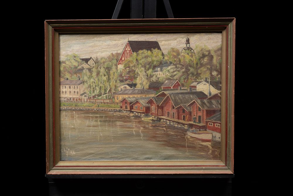 Lot 88: Vintage European Harbor Town Oil Painting, Signed