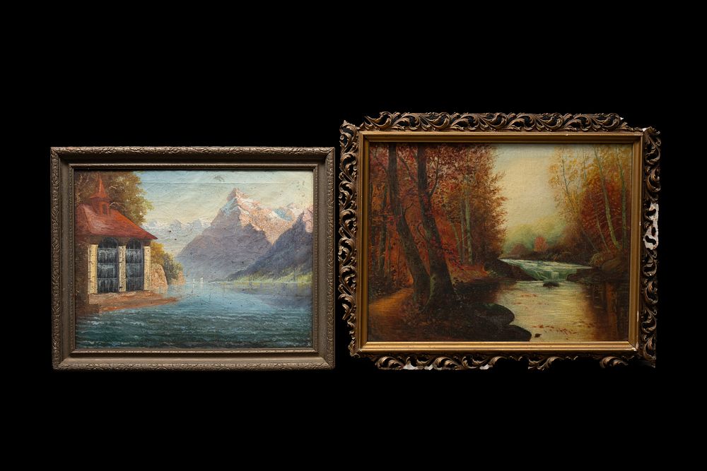 Lot 97: Alpine Lake and Autumn River Oil Paintings