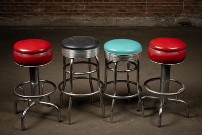Four Mid-Century Chrome Diner Bar Stools. C-22383 Set of four mid-century diner-style bar stools 