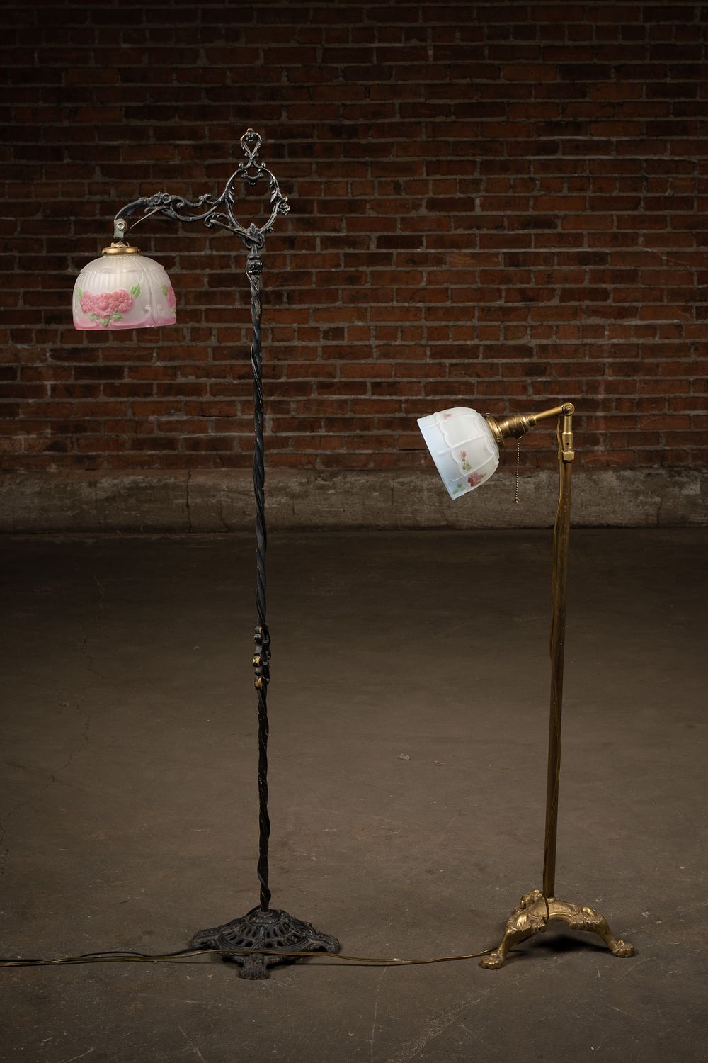 Lot 116: Two Floral Glass Shade Floor Lamps
